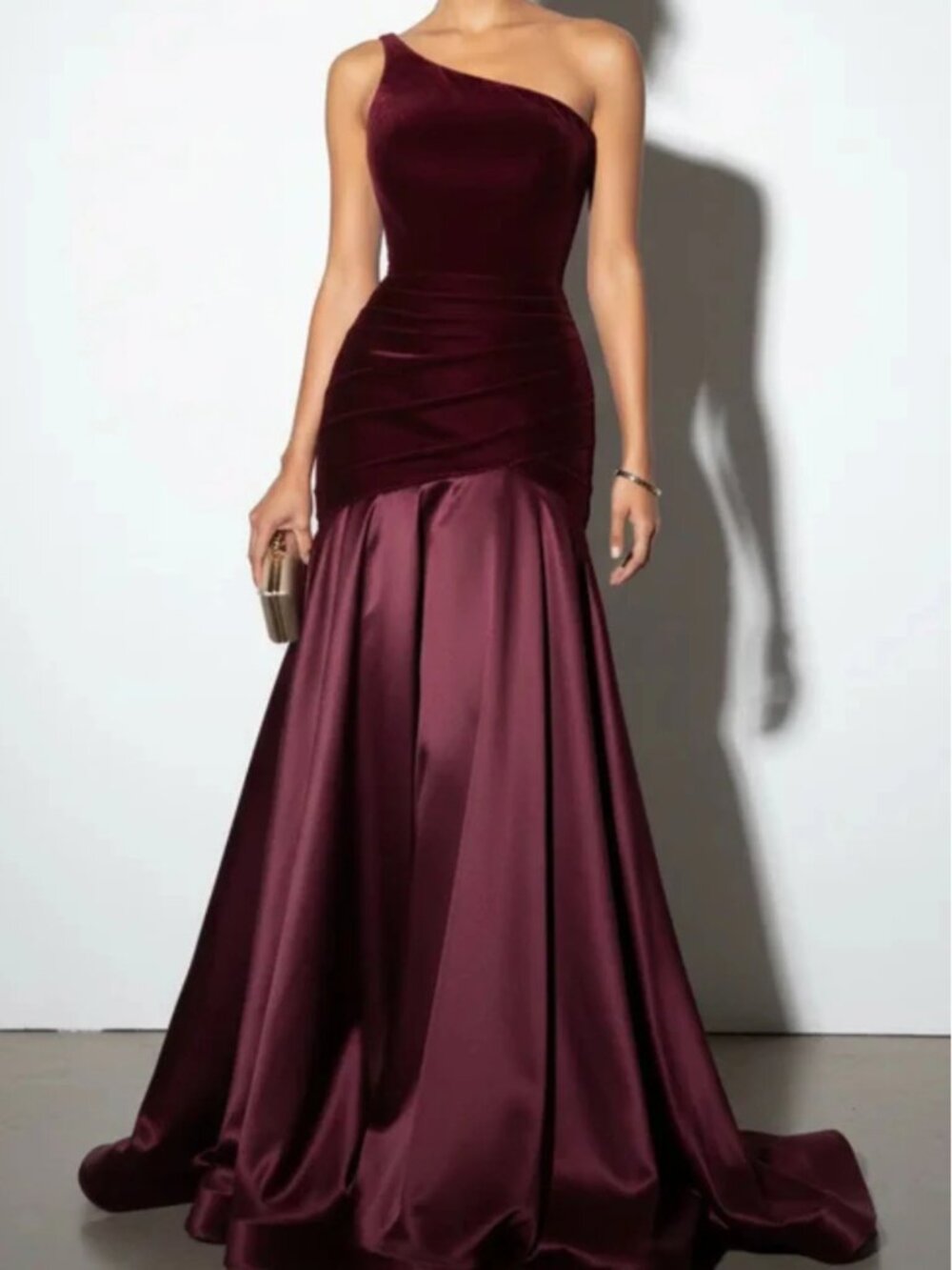 Burgundy Velvet Satin One Shoulder Mermaid Formal Gown Size L
